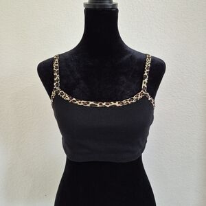 SHEIN Black Ribbed Crop Top with Leopard Trim